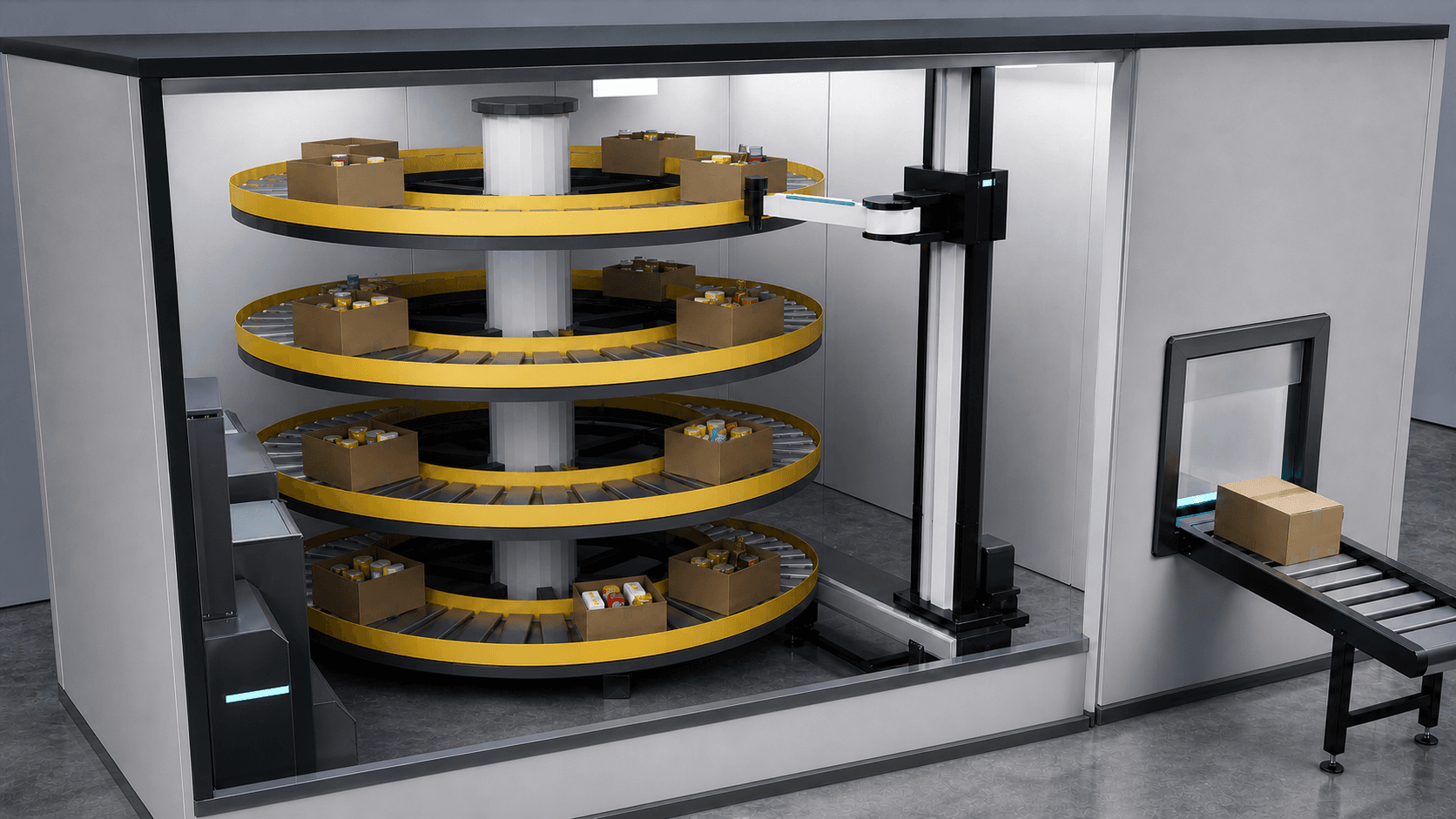 Cutaway view of a compact robotic picking cell with four tightly stacked yellow carousel belts, inventory totes, a lift-mounted arm, and an outfeed conveyor