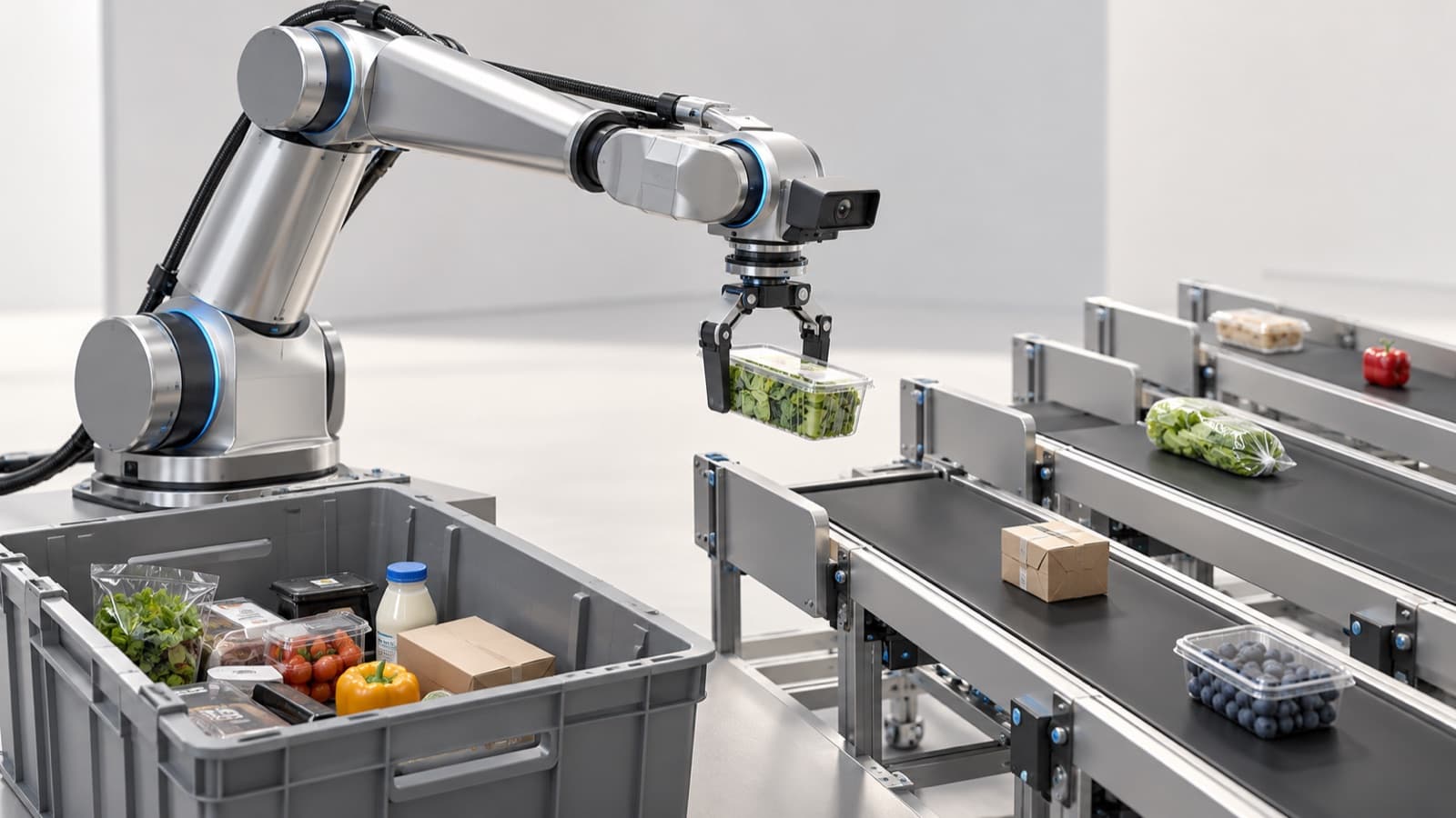 AI-generated concept illustration of a robot picking groceries beside conveyor belts